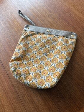 Emma Fox Mustard Floral Wristlet Clutch with Tan Trim